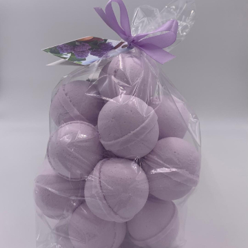 14 bath bombs in French Lilac, gift bag bath fizzies, great for dry skin, shea, cocoa, 7 ultra rich oils
